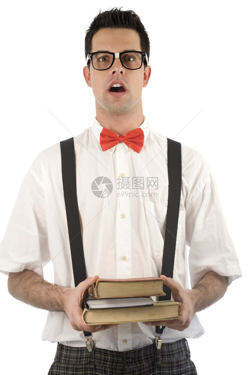 白上孤立的颈部眼镜工作室领结红色极客白色笨蛋背带男性成人图片