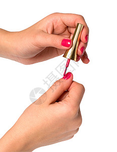 修指甲化妆品固定剂抛光美丽红色手指白色魅力女性搪瓷背景图片