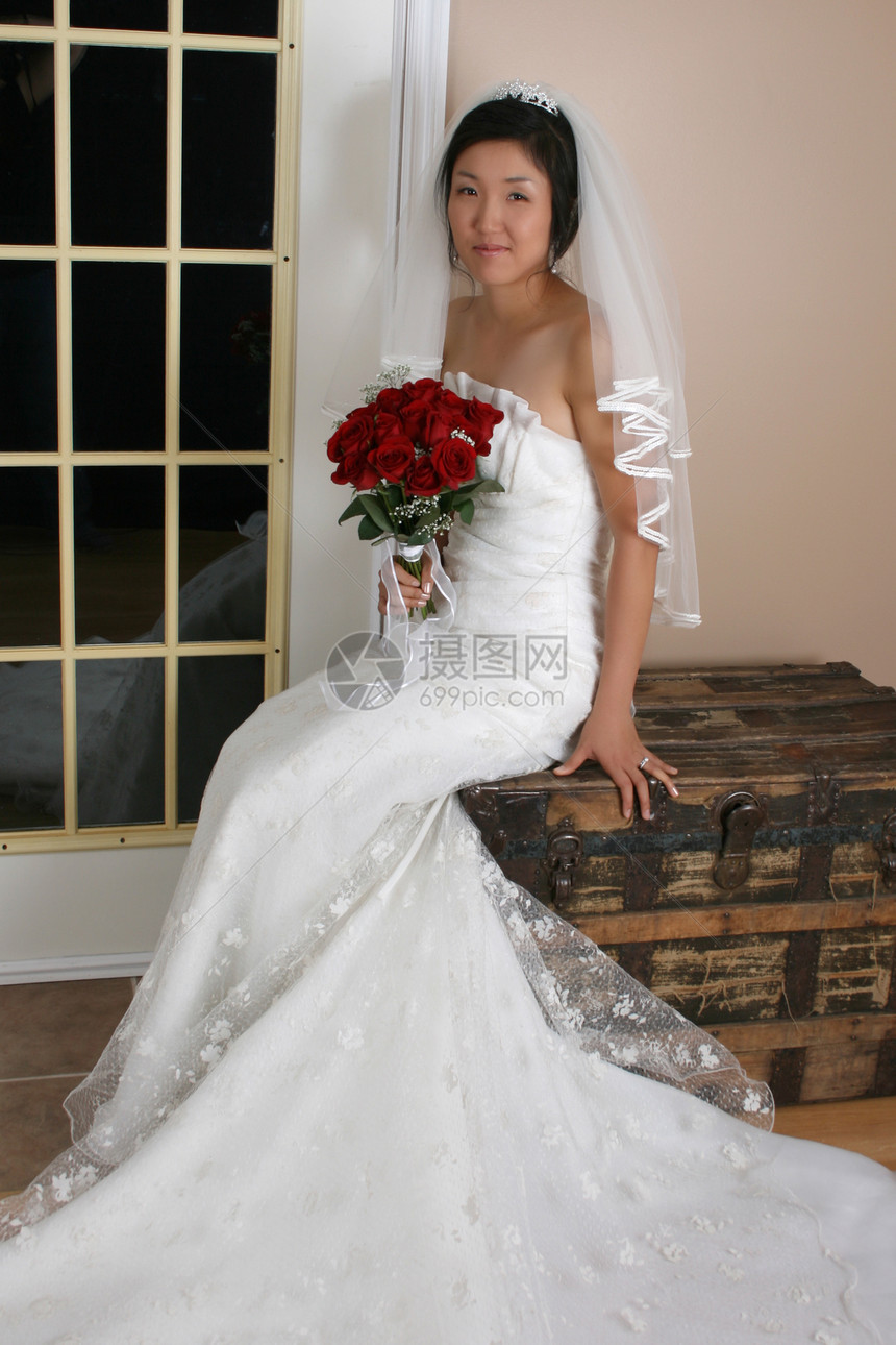 美丽的新娘工作室快乐婚姻婚礼花朵面纱树干玫瑰女性裙子图片