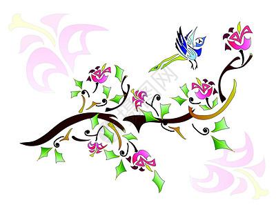 鸟和树艺术植物群刺绣协会翅膀植物装饰品中风白色动物背景图片