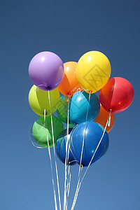 清蓝天空中的多彩气球彩虹绿色黄色蓝色橙子乐趣红色紫色庆典幸福背景图片