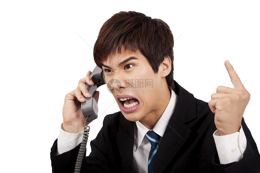 愤怒的商务人士在电话里尖叫 孤立在白色背景上图片