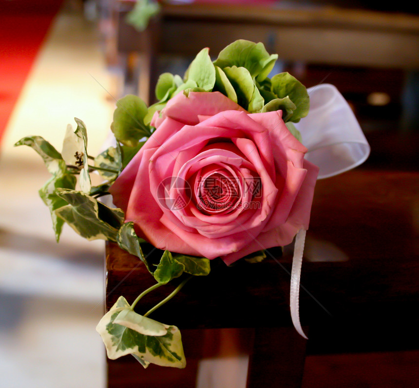 结婚玫瑰幸福窗户庆典教会叶子长椅精神丝带婚礼红色图片
