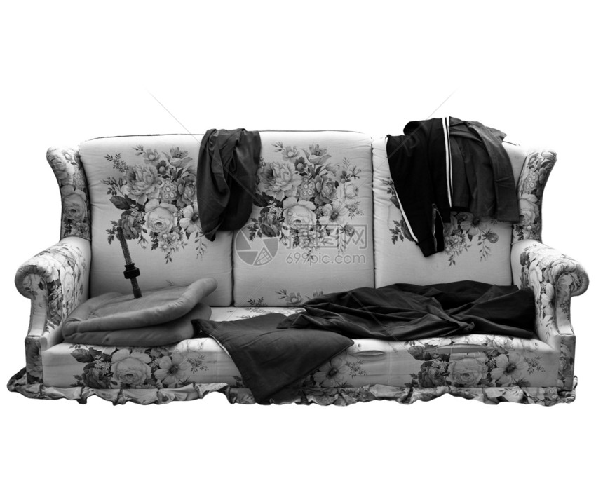 旧沙发蓝色丢弃羊毛扶手椅街道服装垃圾枕头人行道鞭打图片