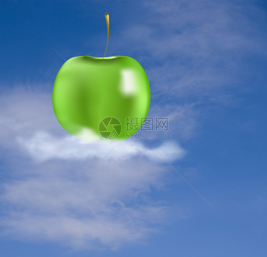 白雪云上的绿苹果健康生态卫生生活白色食物蓝色绿色保健甜点图片
