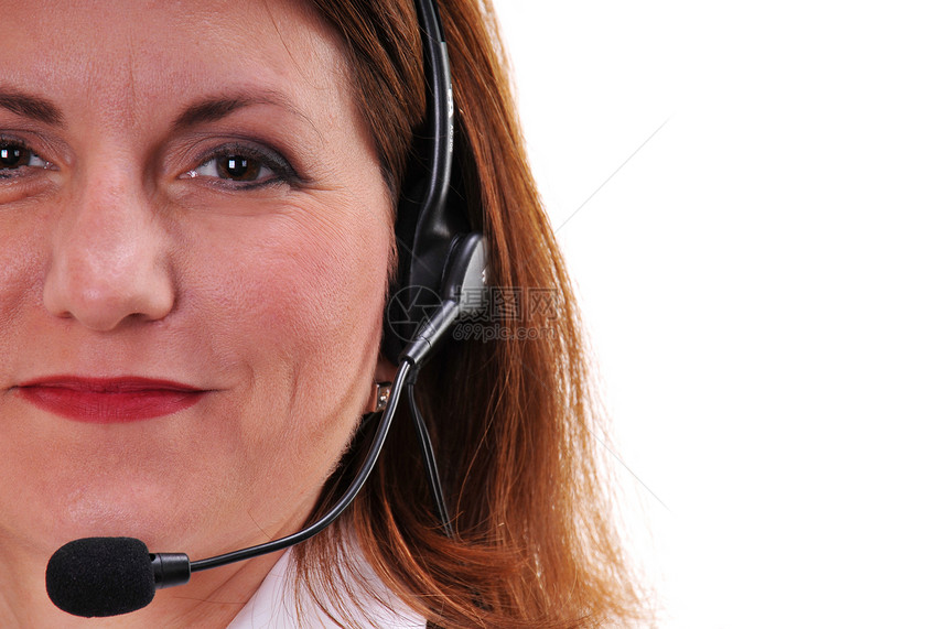 贴近一个穿着耳头的漂亮女人帮助求助交流办公室代理人黑发销售量就业热线工作图片