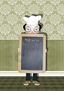 菜单卡通片职业工作餐厅男性黑板厨师插图背景图片