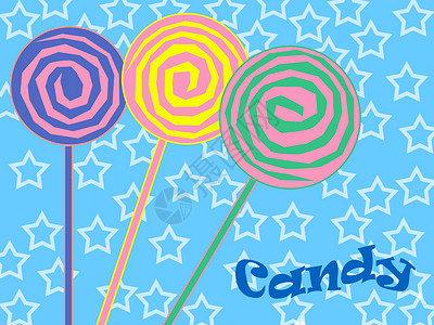 色彩多彩的棒棒棒糖糖果星星插图漩涡甜点蓝色吸盘背景图片