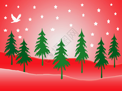 红圣诞插图季节性雪花树木森林红色背景图片