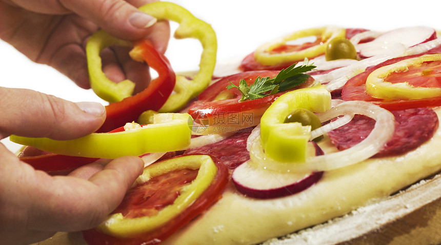 用火腿和番茄做披萨的过程白色食物餐厅午餐香肠美食图片
