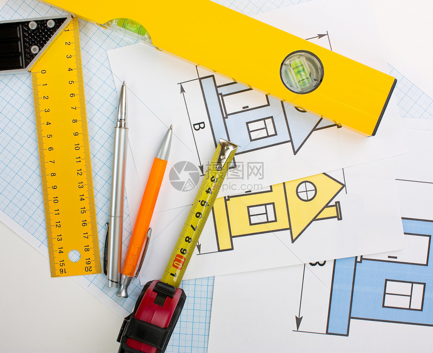 使用建筑工具在家用绘图办公室建筑学工具工作磁带建筑草图建造房子仪表图片