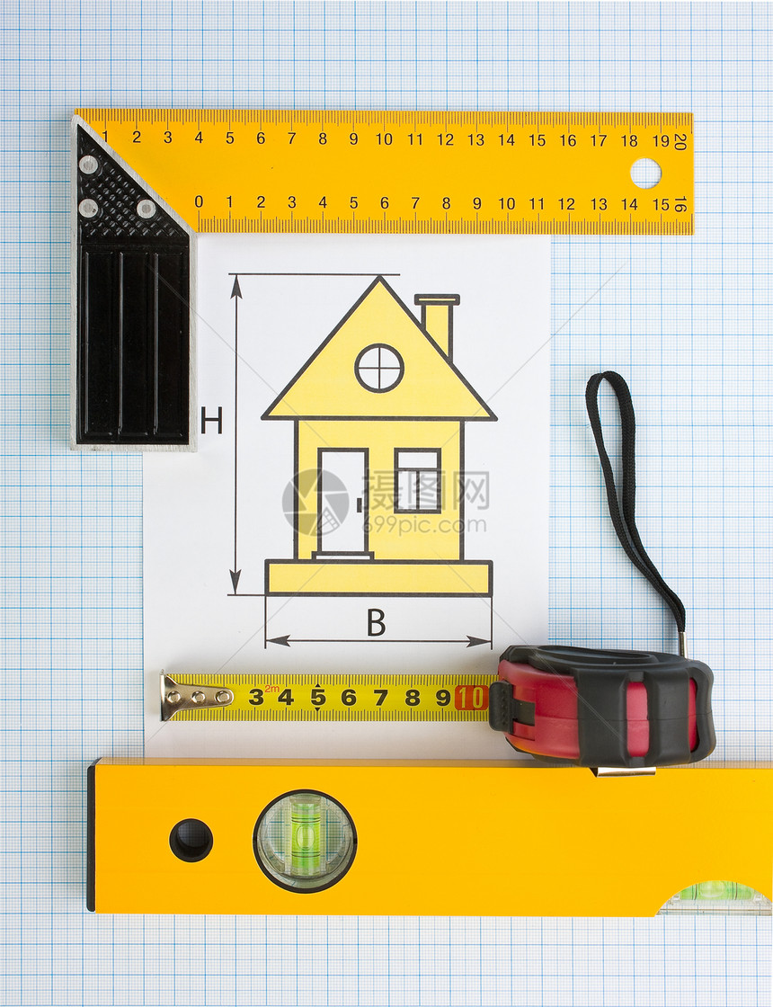 使用建筑工具在家用绘图建筑办公室建造磁带房子建筑学工作草图工具仪表图片