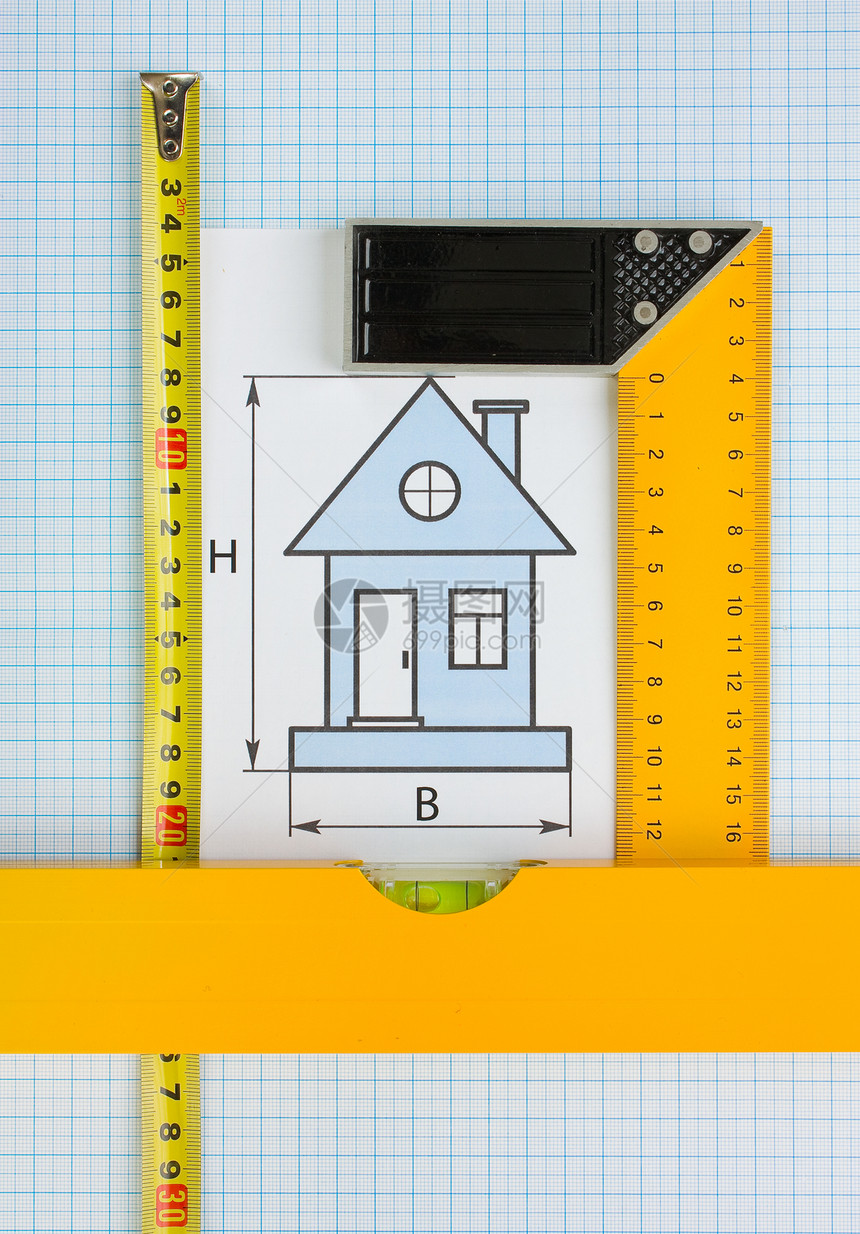 使用建筑工具在家用绘图建造办公室建筑学磁带草图工作建筑房子仪表工具图片
