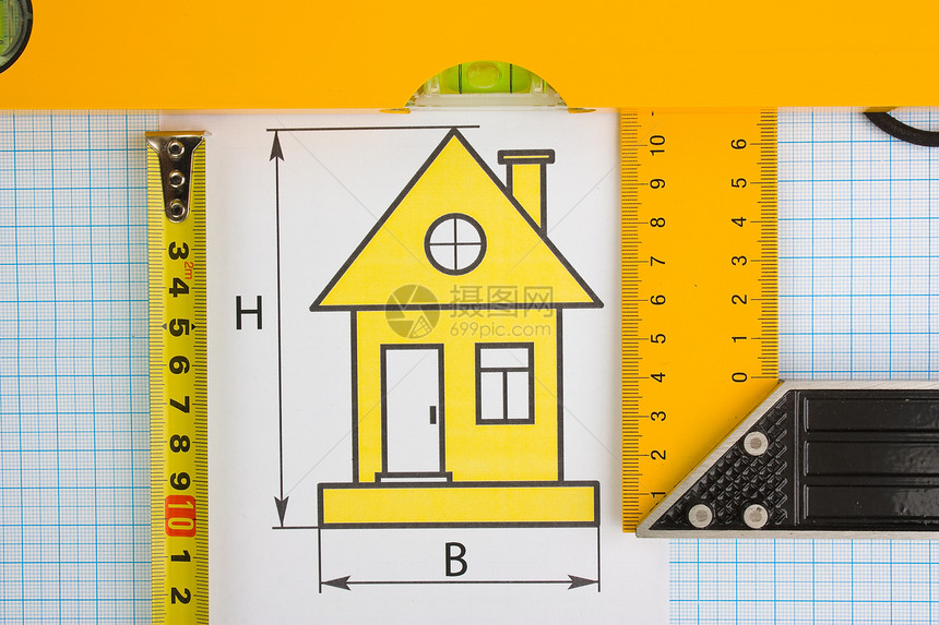使用建筑工具在家用绘图建造办公室磁带建筑学建筑草图仪表工作工具房子图片