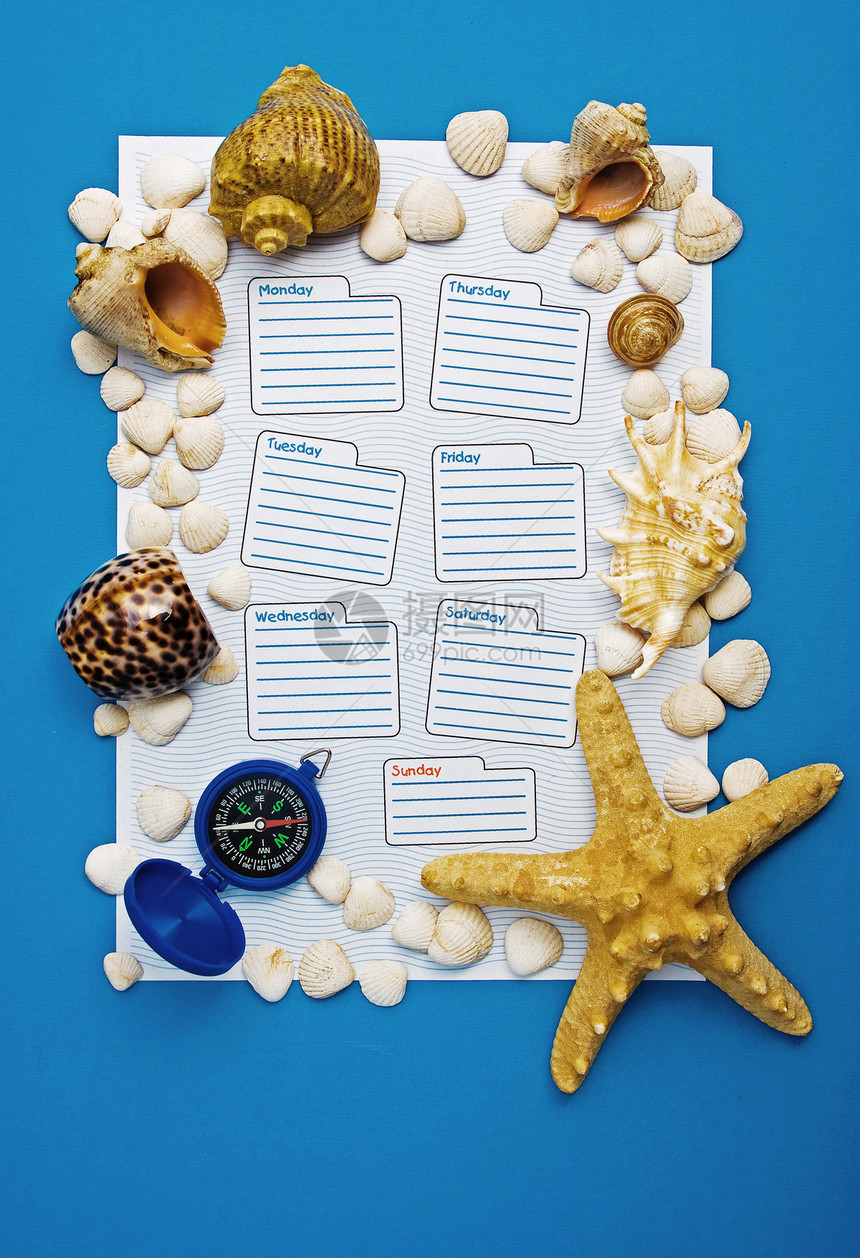 本周的日历蓝色海星罗盘贝壳教育日记调度旅行图片