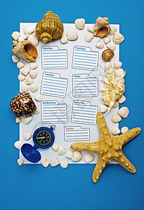 本周的日历蓝色海星罗盘贝壳教育日记调度旅行背景图片