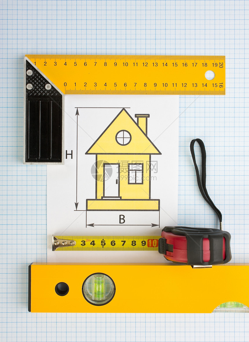 使用建筑工具在家用绘图房子建筑建筑学磁带工作仪表工具办公室建造草图图片
