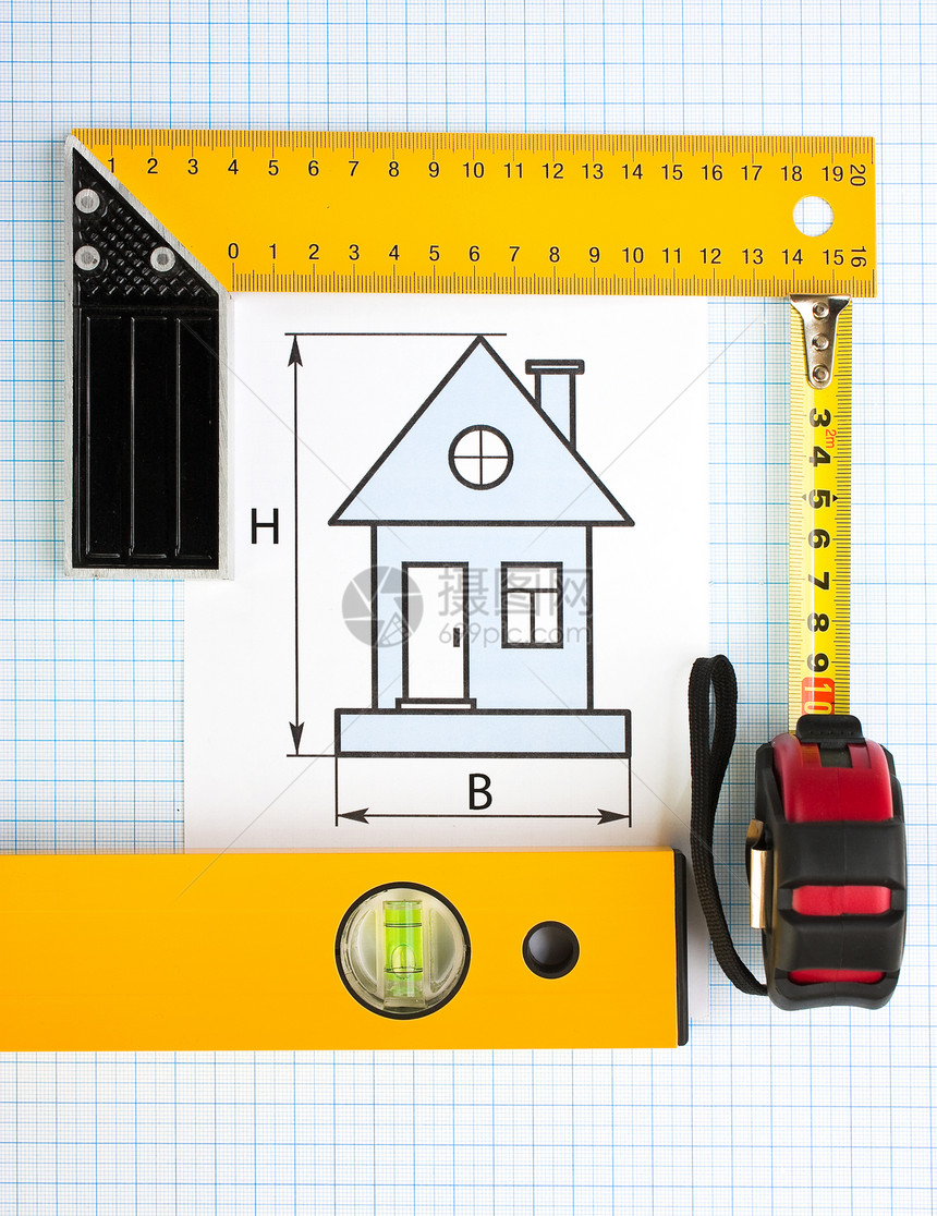 使用建筑工具在家用绘图建造草图工作仪表建筑学房子办公室工具磁带建筑图片