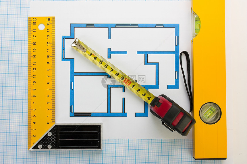 使用建筑工具在家用绘图草图工作建筑仪表建筑学磁带房子建造工具办公室图片