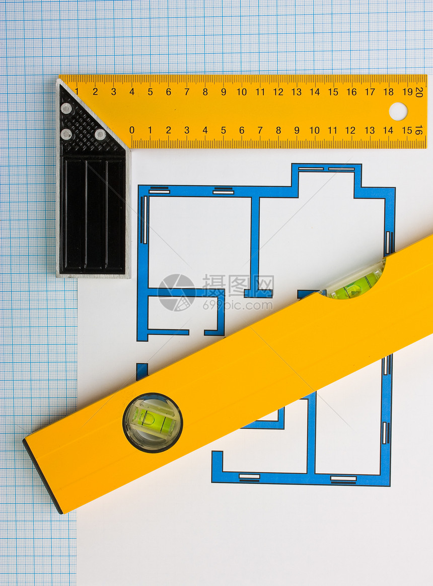 使用建筑工具在家用绘图工作建筑学建筑建造仪表办公室房子磁带工具草图图片