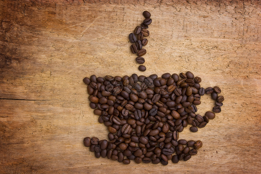 照片由豆子制成的咖啡杯样本咖啡饮料指示牌木板图片
