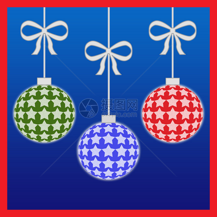 三个圣诞装饰品绿色小玩意儿插图季节性蓝色丝带红色图片