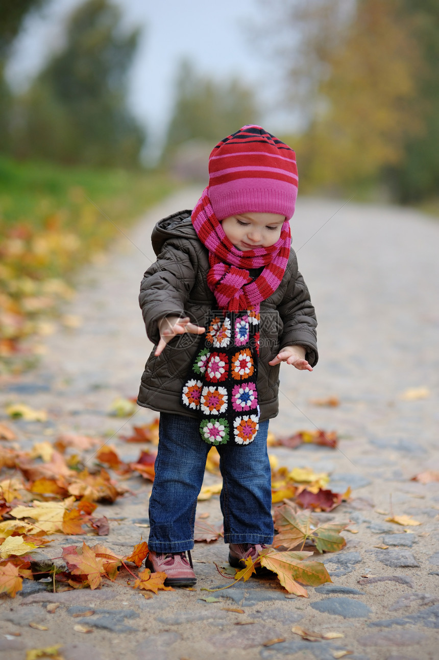 秋天公园的小宝宝帽子女孩夹克围巾胡同女儿季节眼睛快乐压痛图片