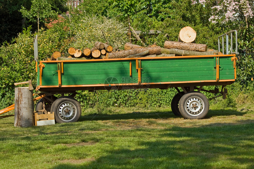 日志中的轴轴木头柴堆林业橙子运输工作木箱绿色树干农业图片