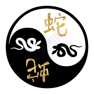 蛇年生日白色文化书法十二生肖星座八字金子圆形黑色背景图片