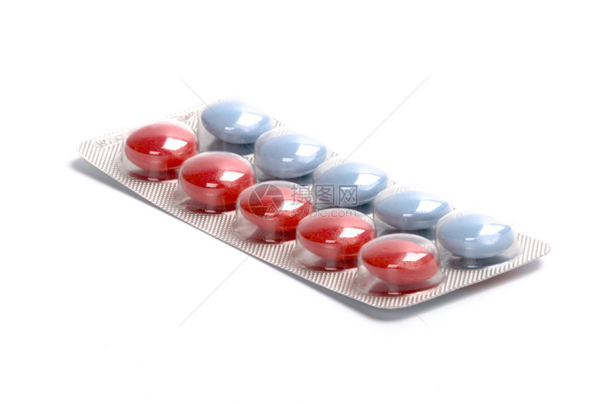 塑料泡泡中的红色和蓝色药丸药物水疱医院科学医疗维生素疾病白色挫败预防性图片