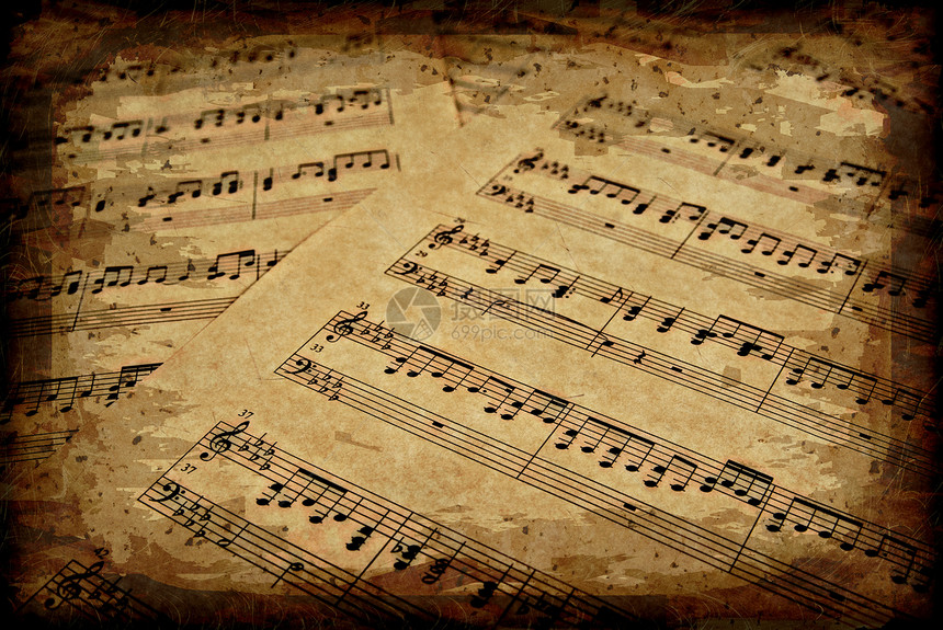 纸板上的音乐笔记分数床单作品羊皮纸旋律棕色图片