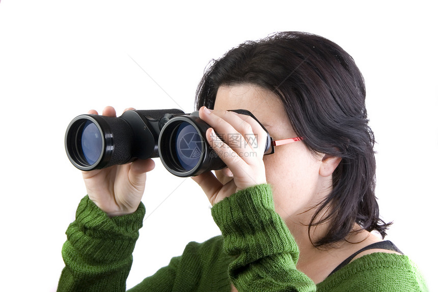 寻找商业业务的孤立女孩玻璃枝条女士望远镜工作图片
