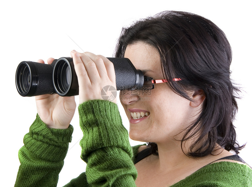 寻找商业业务的孤立女孩望远镜枝条玻璃工作女士图片