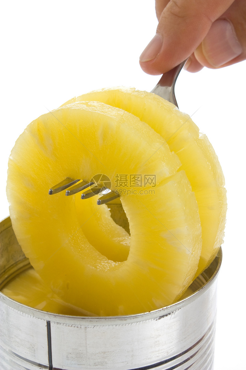 叉子上的菠萝环甜点食物白色罐装戒指水果图片