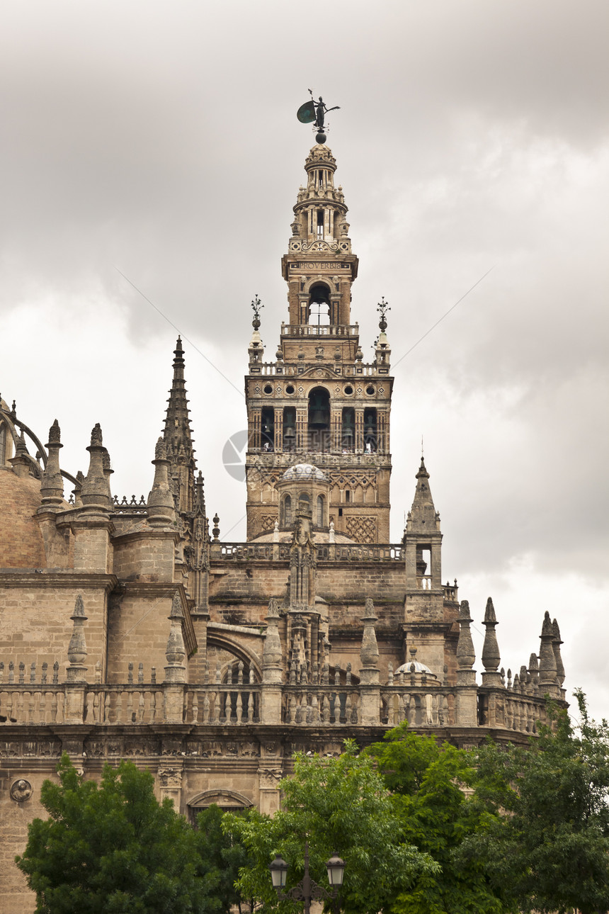 西班牙塞维利亚大教堂橙子棕榈教会钟楼大教堂雕塑旅行天空蓝色建筑学图片