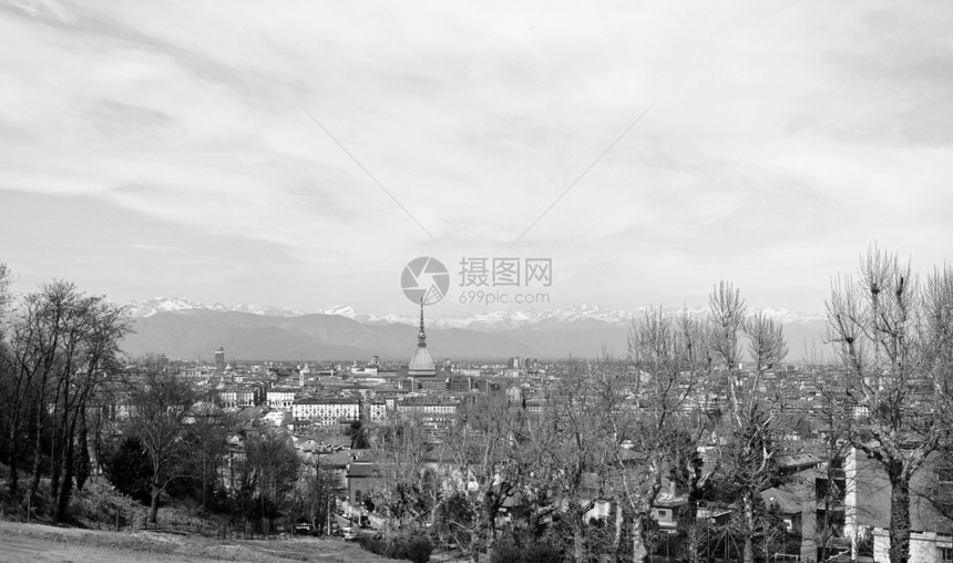 都灵视图白色爬坡鸟眼城市山脉黑色中心全景天际图片