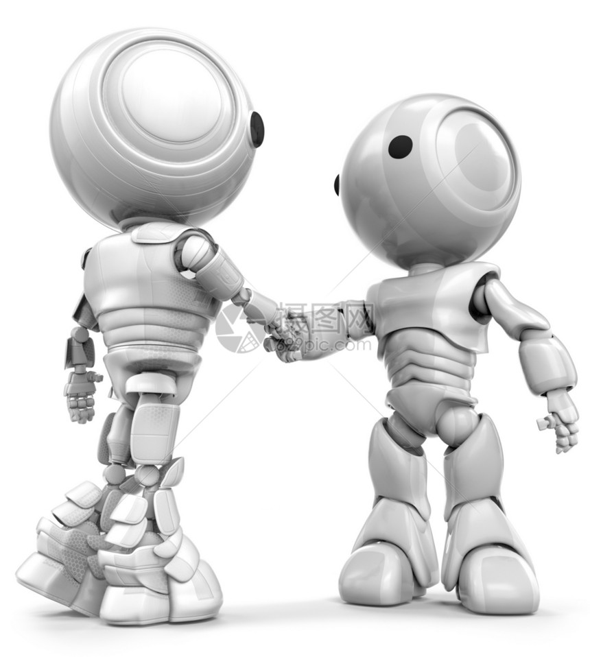 两个机器人握手未来派合伙团队协议双手技术友谊塑料验收吉祥物图片