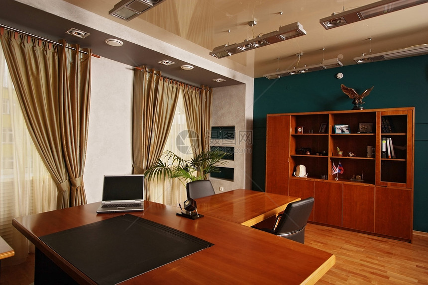 办公室调解灯光棕色木头木板皮革椅子窗户绿色导演图片