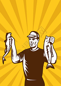 飞翔的渔夫握着贝贝斯鱼捕获量高清图片