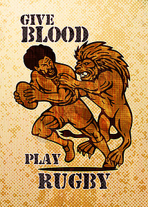 橄榄球运动员带着狮子的球攻击跑来跑去男性玩家动物插图跑步男人猫科木纹艺术品背景图片