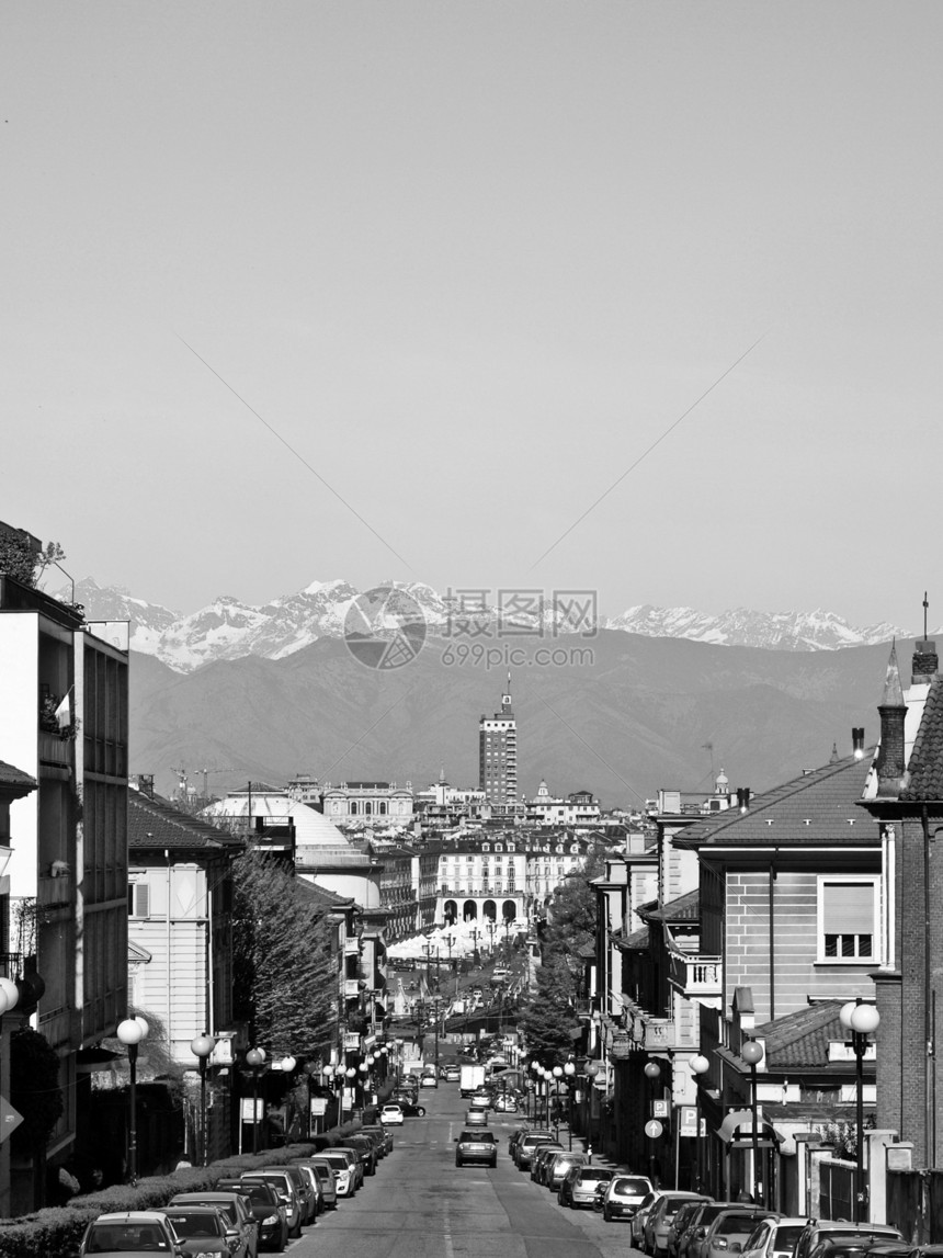 都灵视图山脉鸟眼爬坡中心白色城市黑色天际全景图片