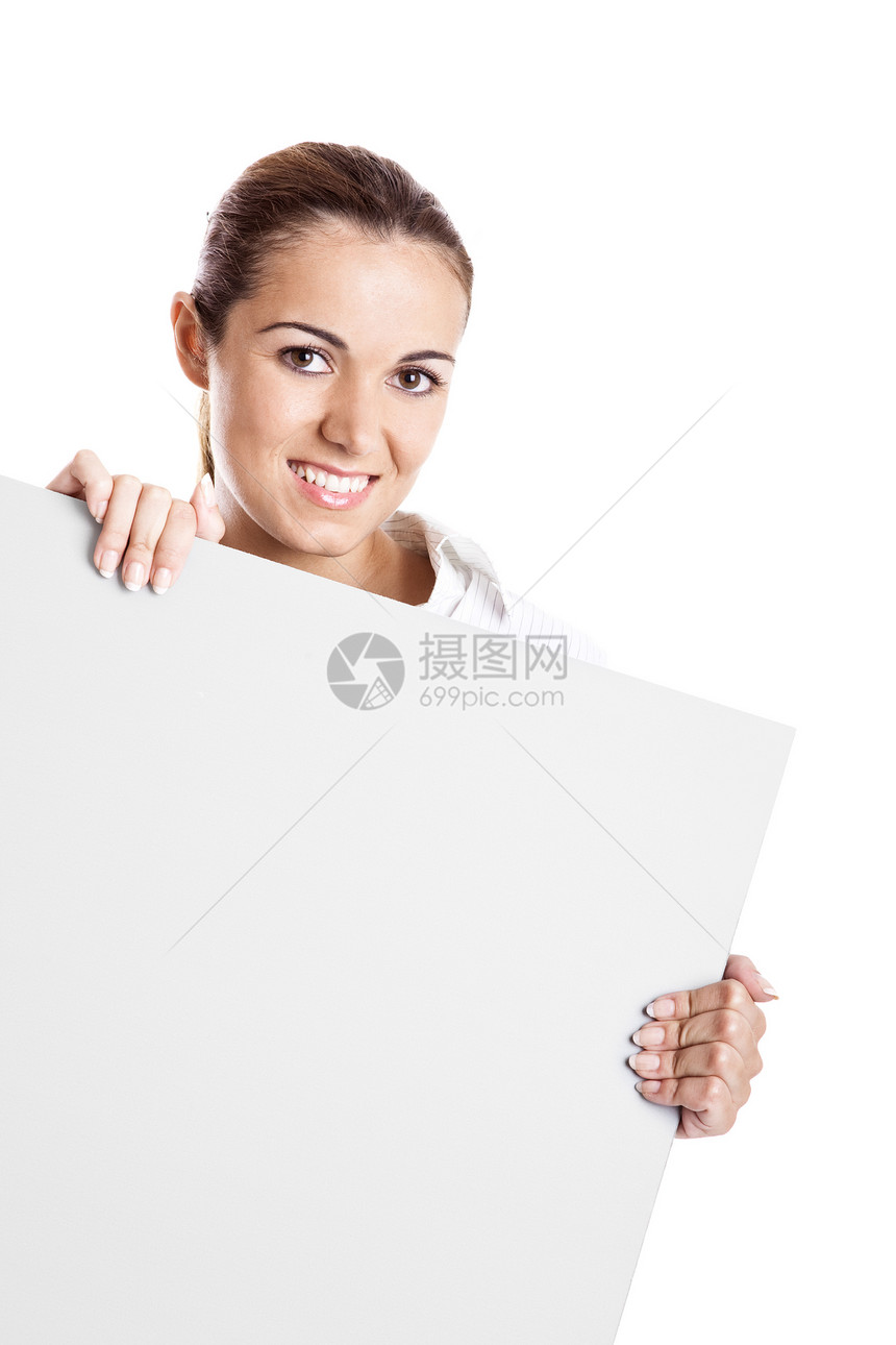 持有广告牌的妇女女性微笑白色空白广告快乐推介会营销横幅卡片图片