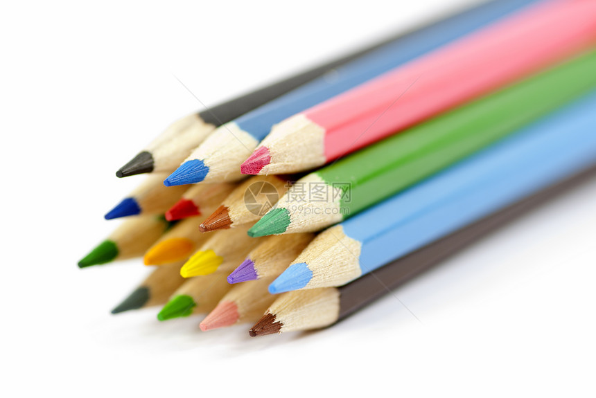 铅笔黄色学校木头补给品蓝色白色绿色图片