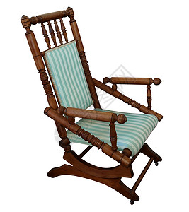 古老摇动座椅木头摇杆蓝色座位条纹椅子雕刻家具扶手椅剪裁背景图片