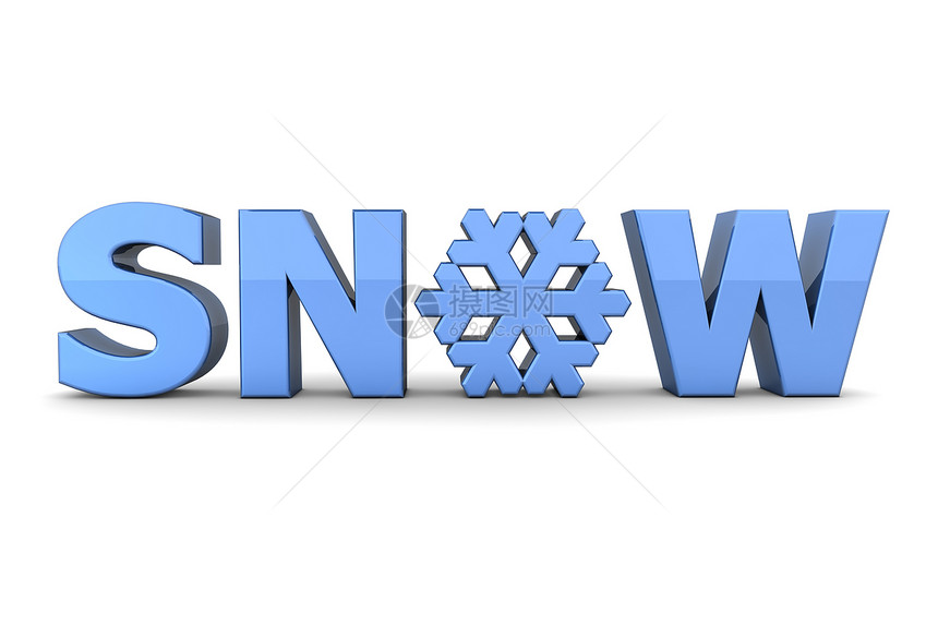 Word Snow 带雪花的白雪  浅蓝色蓝色水晶字母插图薄片季节暴风雪天气渲染反射图片