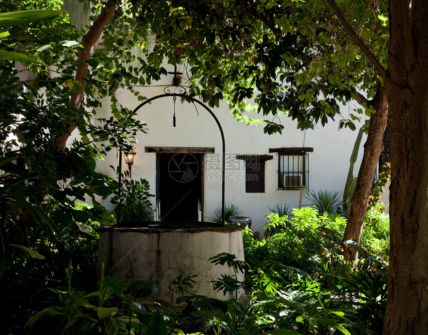 墨西哥老房子里的沙发花园石头水泥院子叶子植物园艺古董晴天绿化园林图片