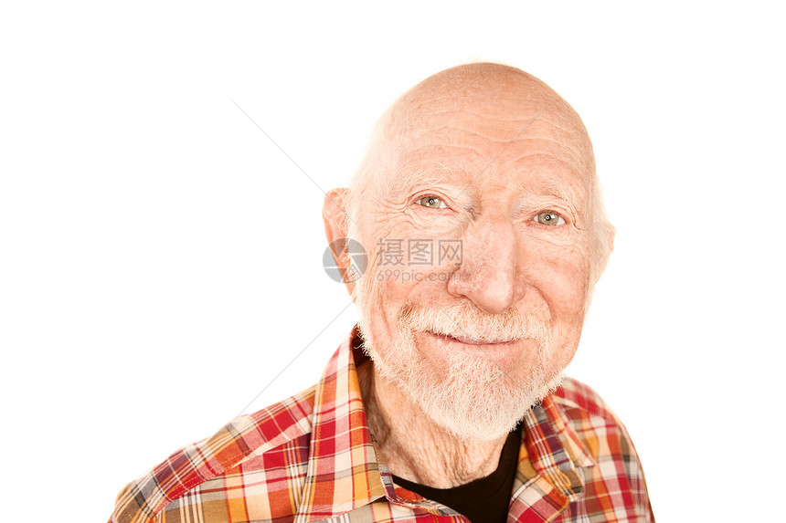 有传染性邮件的英俊老年男子胡须快乐微笑男性皱纹长老格子胡子灰色白色图片