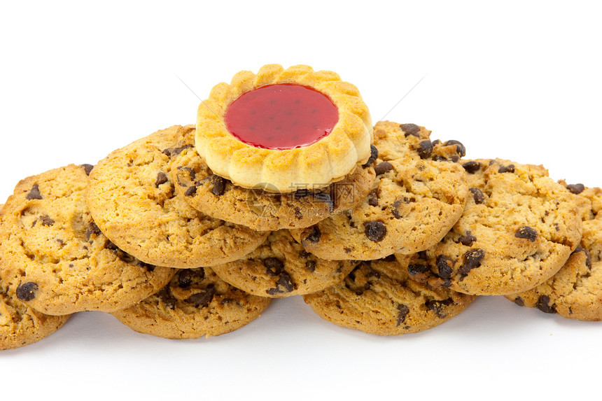 在白背景中孤立的 cookie甜点黄色糖果宏观紧缩美食食物团体面包白色图片