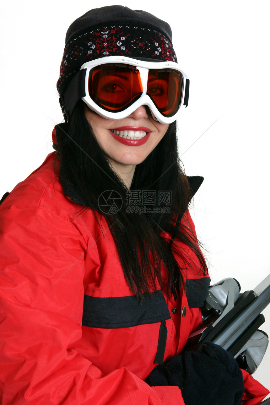 冬季运动幸福成人行动寒冷红色滑雪女性帽子滑雪者风镜图片