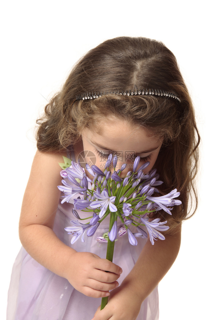 年轻女孩闻着美丽的花朵的味道图片